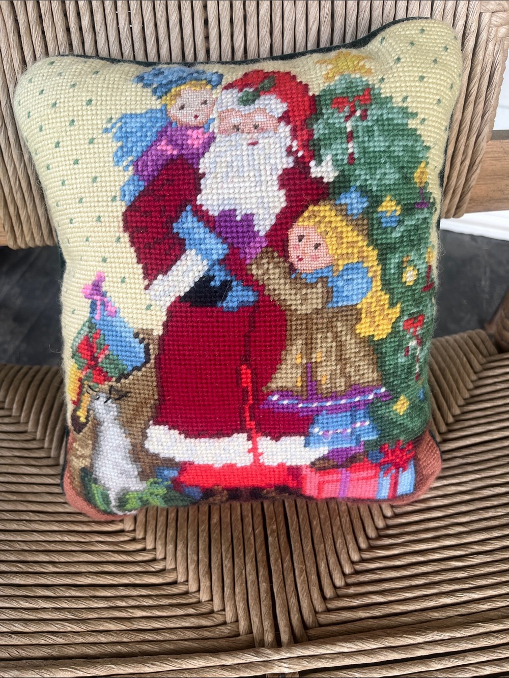 Vintage Holiday Santa Needlepoint Throw Pillow Christmas decor